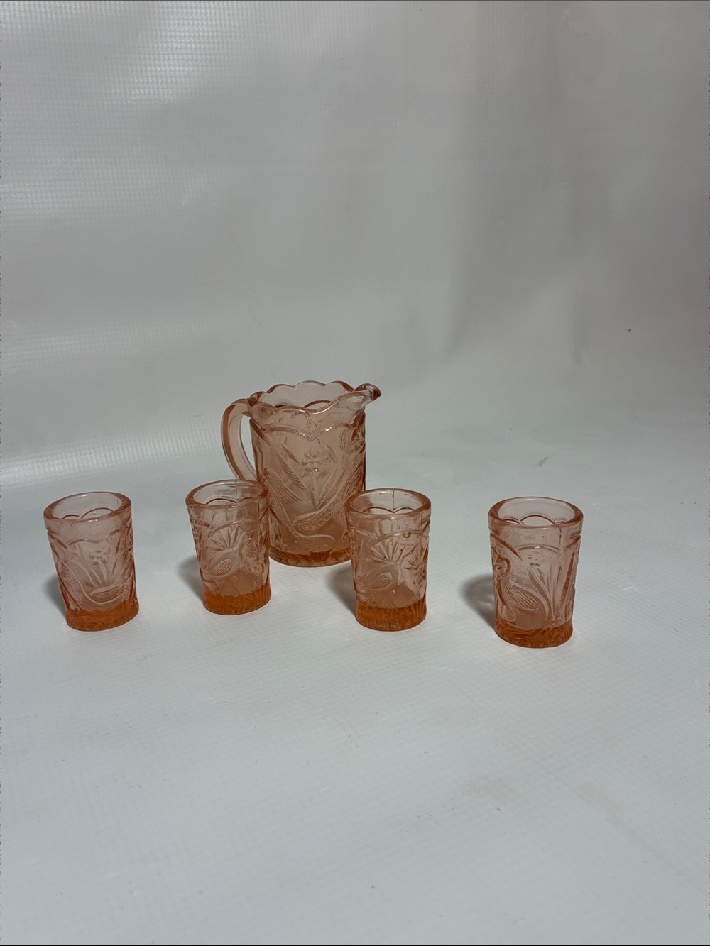 Miniature Vintage Pink Glass Pitcher and Tumbler Set - Decorative Home Dining